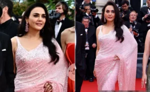 Preity Zinta on the Cannes red carpet featuring a pink saree moment