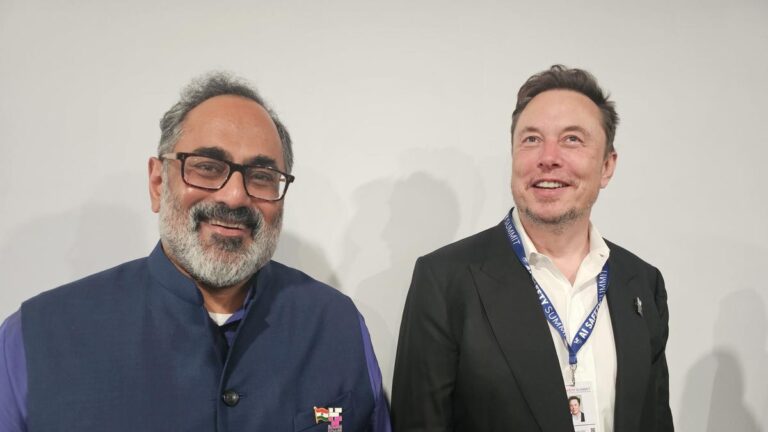 Former Union Minister Rajeev Chandrasekhar and Tesla founder and CEO Elon Musk. | Photo Credit: X@Rajeev_GoI