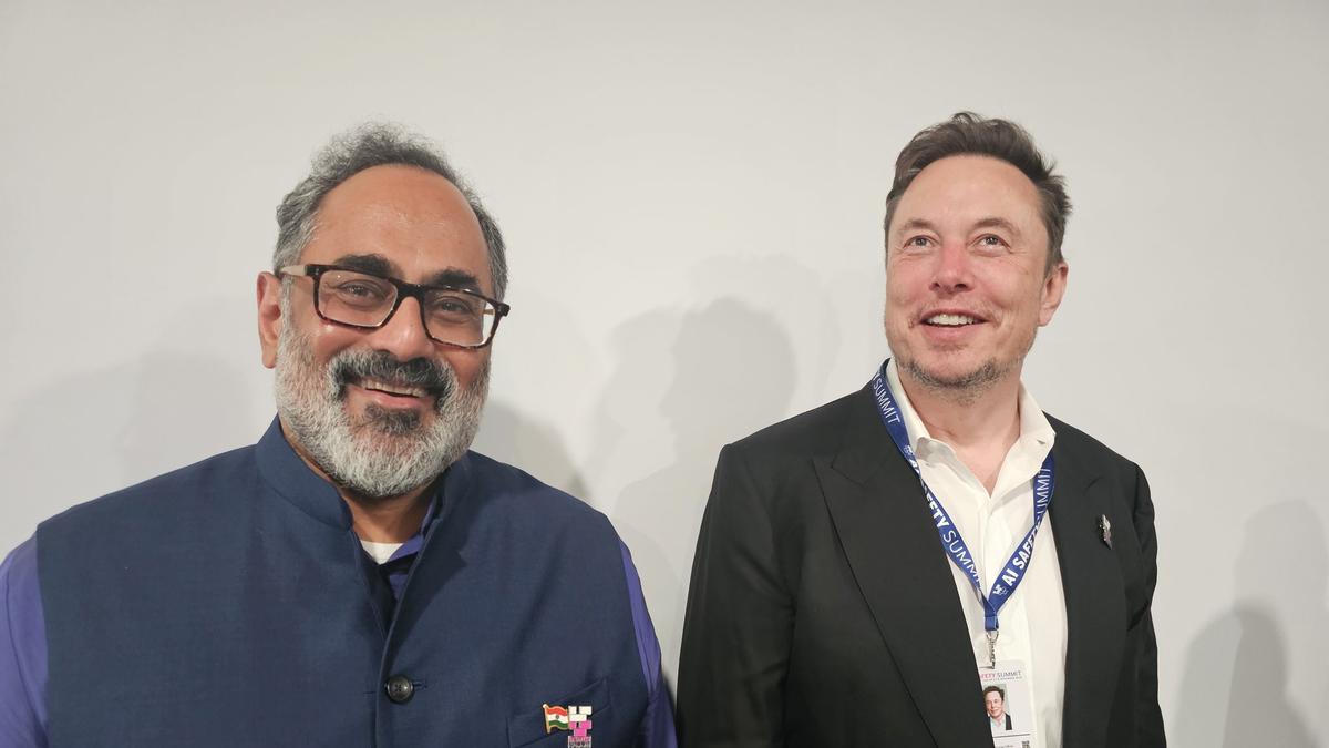 Former Union Minister Rajeev Chandrasekhar and Tesla founder and CEO Elon Musk. | Photo Credit: X@Rajeev_GoI