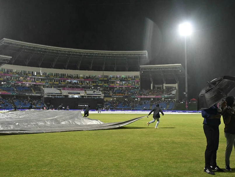 Rain covers deployed onto the pitch at Sir Vivian Richards Stadium in North Sound, Antigua and Barbuda.