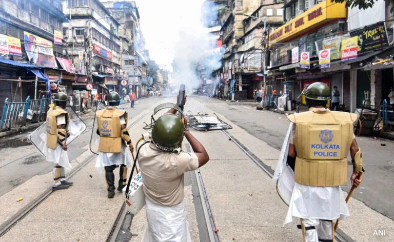 Police use tear gas on protestors during the "Nabanna Abhijan" protest against rape-murder of a doctor