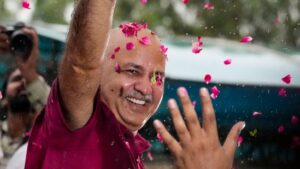 New Delhi: AAP leader Manish Sisodia waves to supporters after being released from Tihar jail following his bail granted by the Supreme Court in the corruption and money laundering cases linked to the alleged Delhi excise policy scam.(PTI)